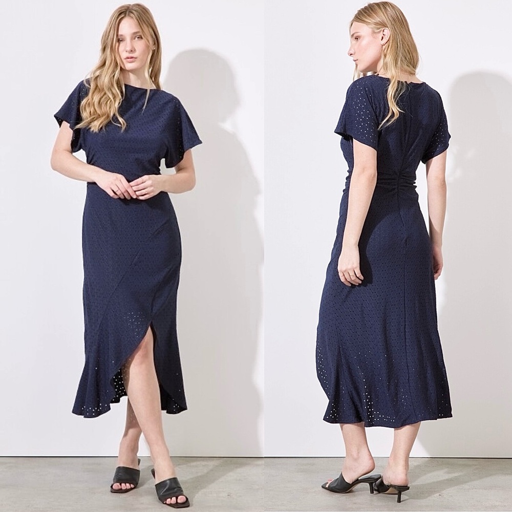 MAGGY LONDON Eyelet Asymmetrical Hem Midi Dress Stretch Ruched Waist Boat Neck